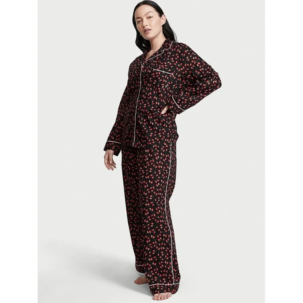 Victoria's Secret Black Strawberry Print Cotton Pajama Set Long Sleeve Pants L